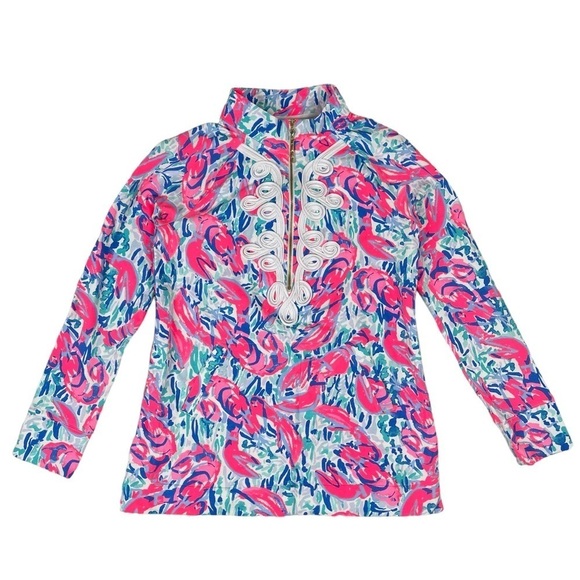 Lilly Pulitzer Popover XS Cosmic Coral Cracked Up Lobster Half Zip Preppy Bright - Picture 1 of 13